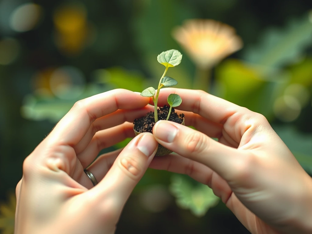 A serene image of hands gently holding sprouting green plants, symbolizing growth, nature, and care for well-being. Soft, natural lighting. No text.