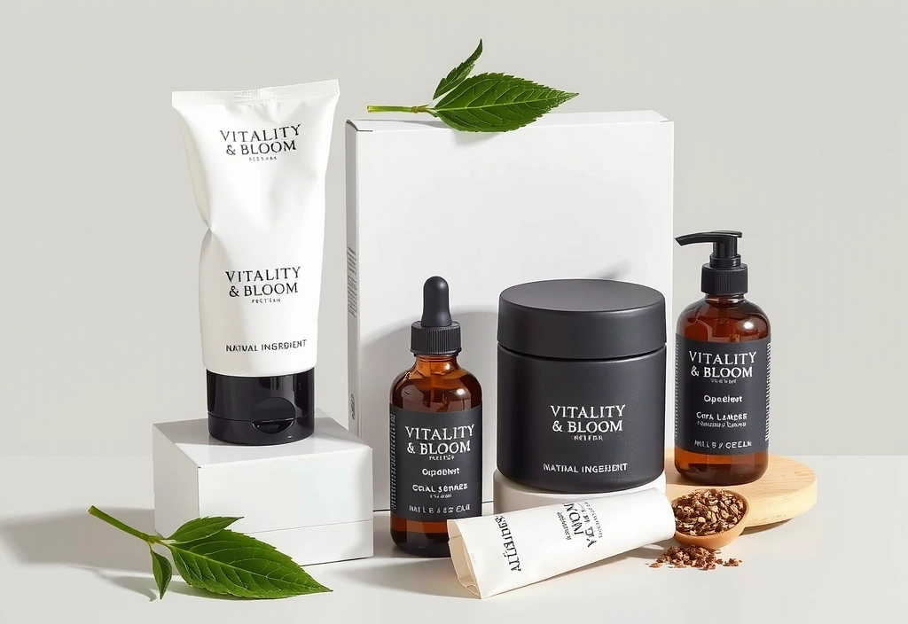 A beautifully arranged display of Vitalityandbloompro's first product line, showcasing natural ingredients and elegant packaging. Bright, clean aesthetic. No text.