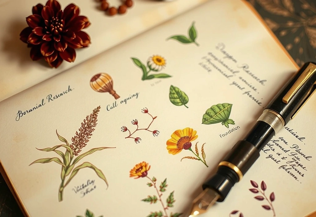 Early concept sketches and notes on botanical research, symbolizing the initial phase of Vitalityandbloompro's foundation. Warm, earthy tones. No text.