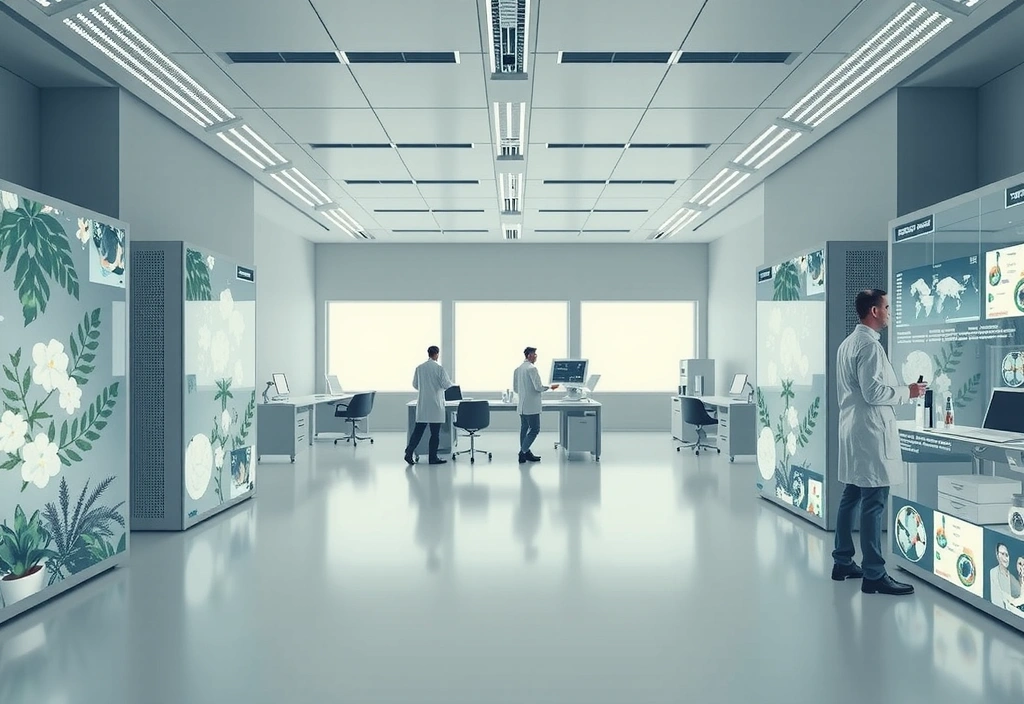 Futuristic laboratory setting with botanical elements, symbolizing ongoing research and future innovations at Vitalityandbloompro. Clean, high-tech aesthetic. No text.