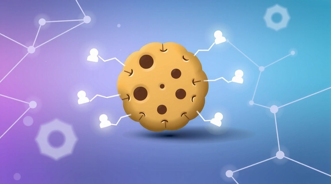 A whimsical illustration of a cookie with digital data flowing around it, representing online privacy and data collection.
