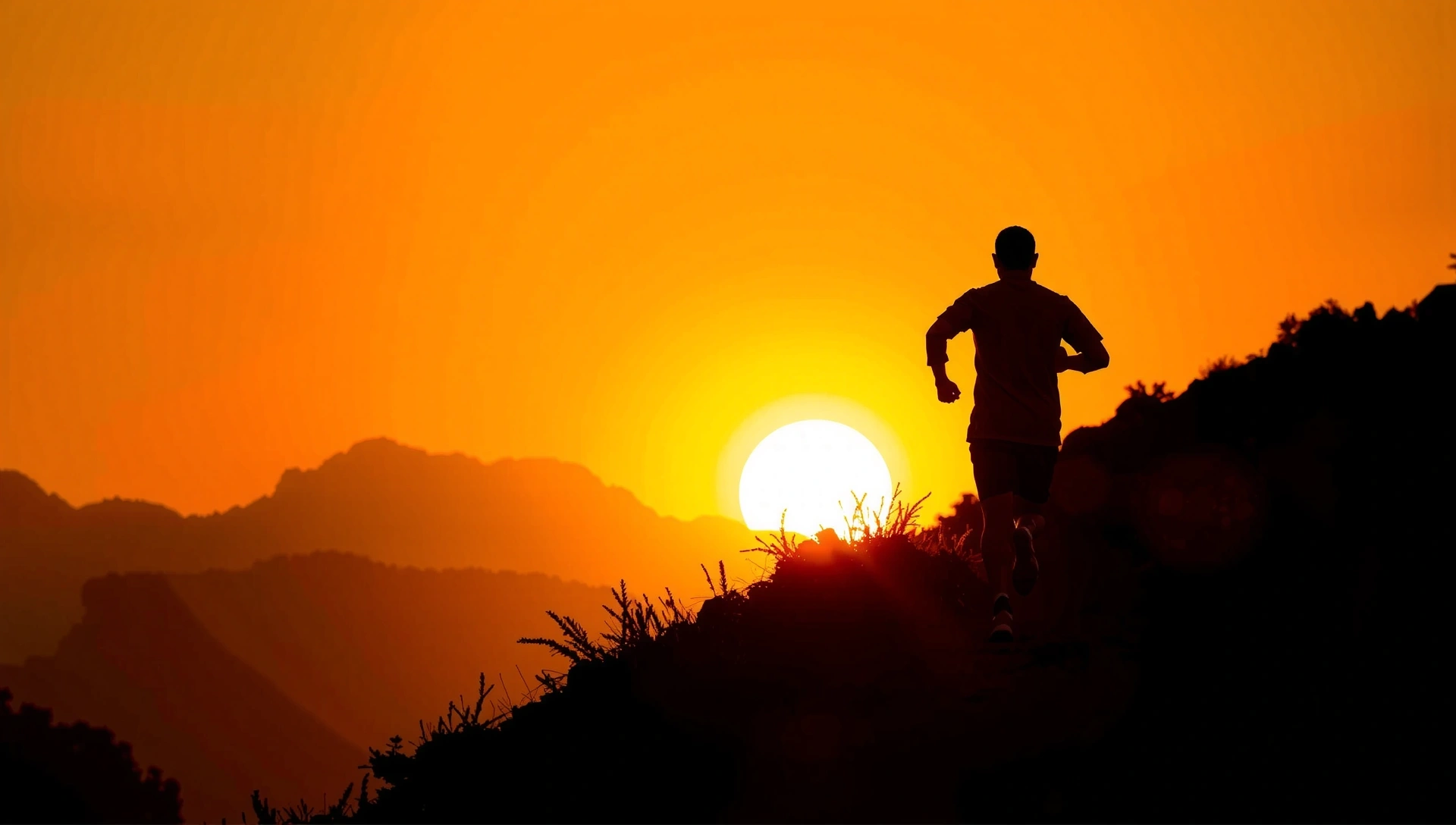 Dynamic background of a man running on a trail with a vibrant sunset, symbolizing vitality and health.